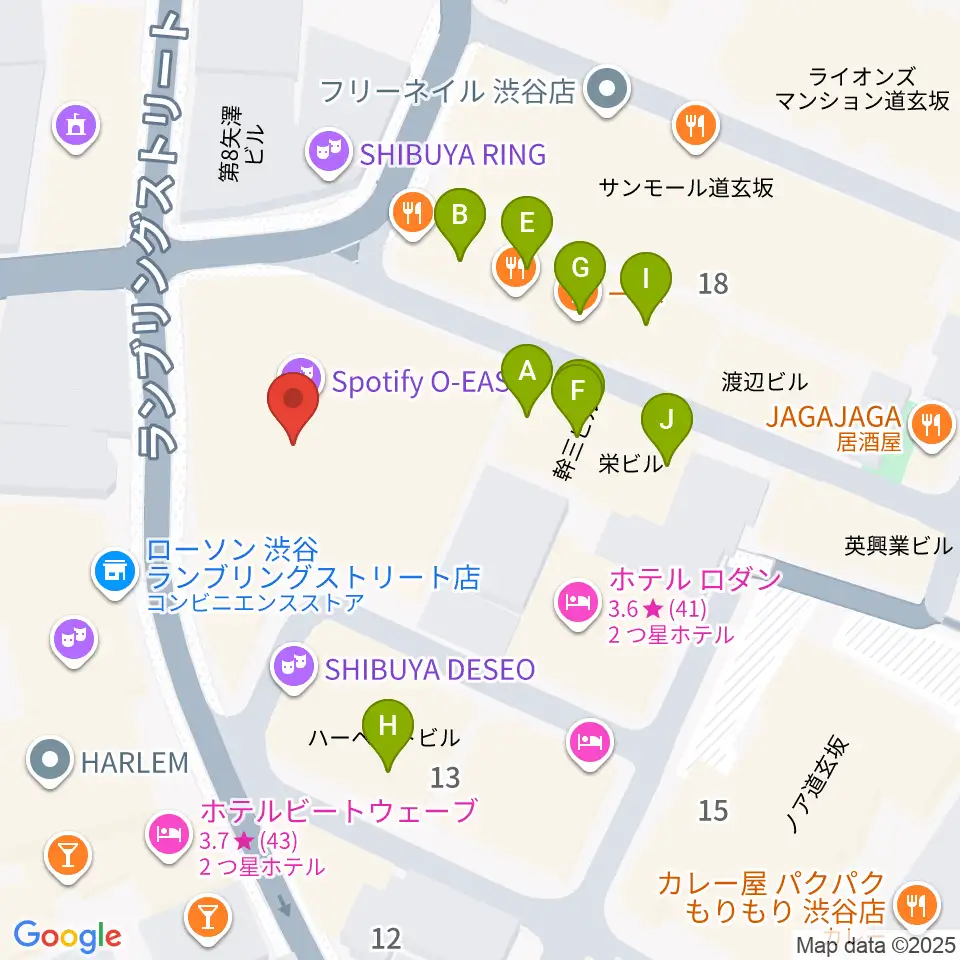 渋谷Spotify O-EAST周辺のファミレス・ファーストフード一覧地図