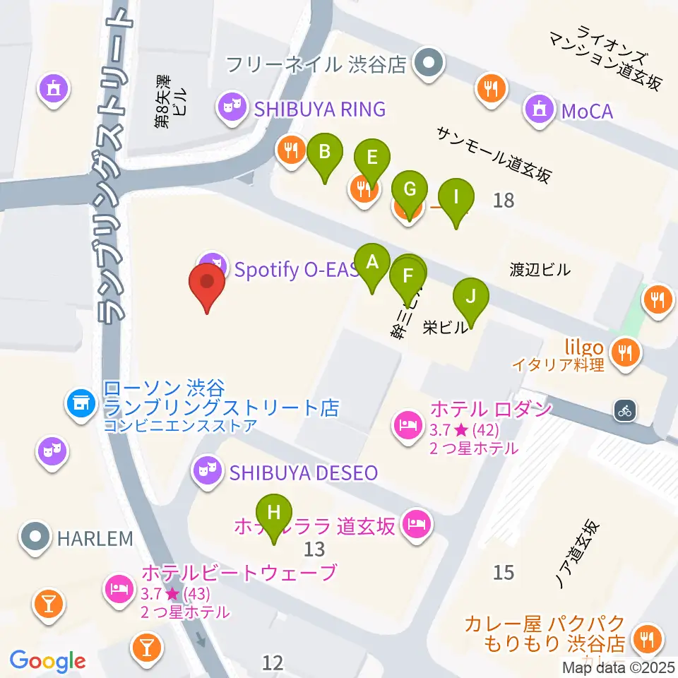 渋谷Spotify O-EAST周辺のファミレス・ファーストフード一覧地図