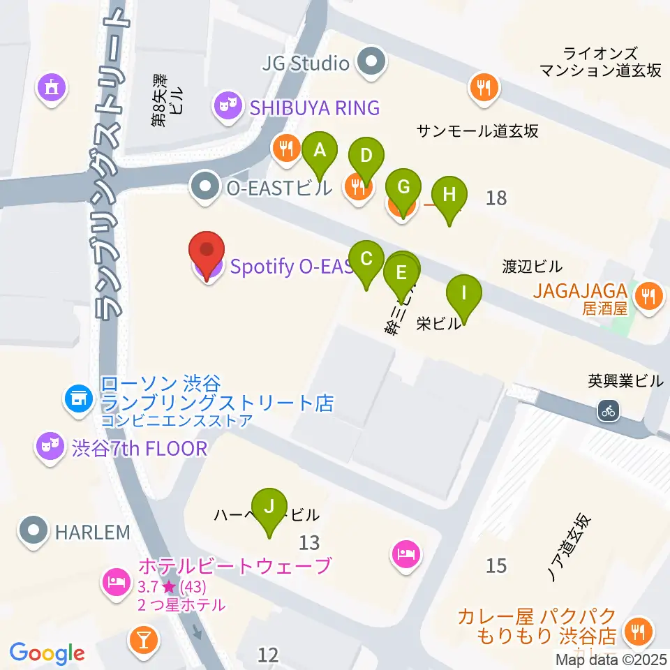 渋谷Spotify O-Crest 周辺のファミレス・ファーストフード一覧地図