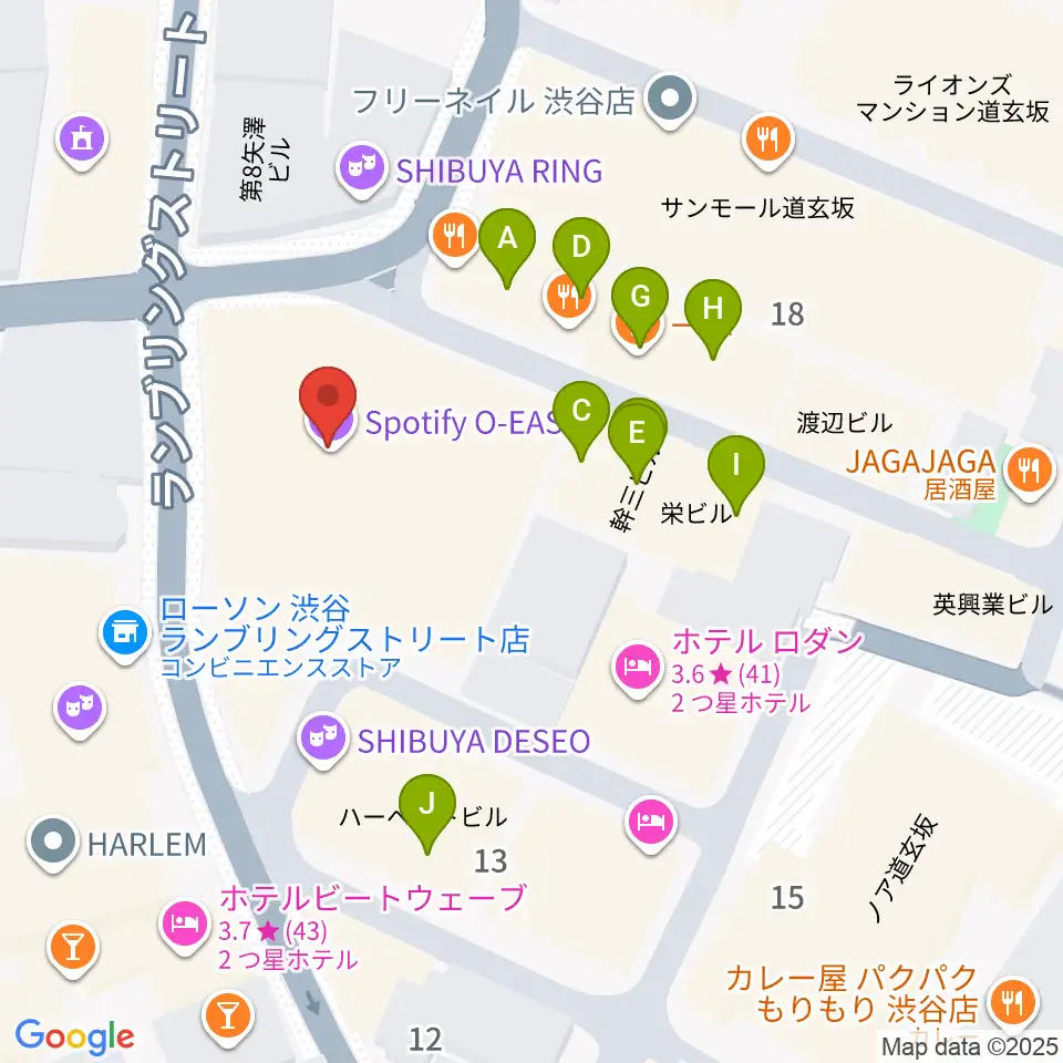渋谷Spotify O-Crest 周辺のファミレス・ファーストフード一覧地図