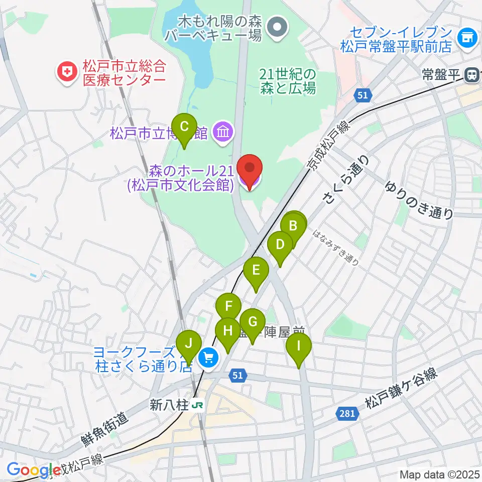 森のホール21周辺のファミレス・ファーストフード一覧地図