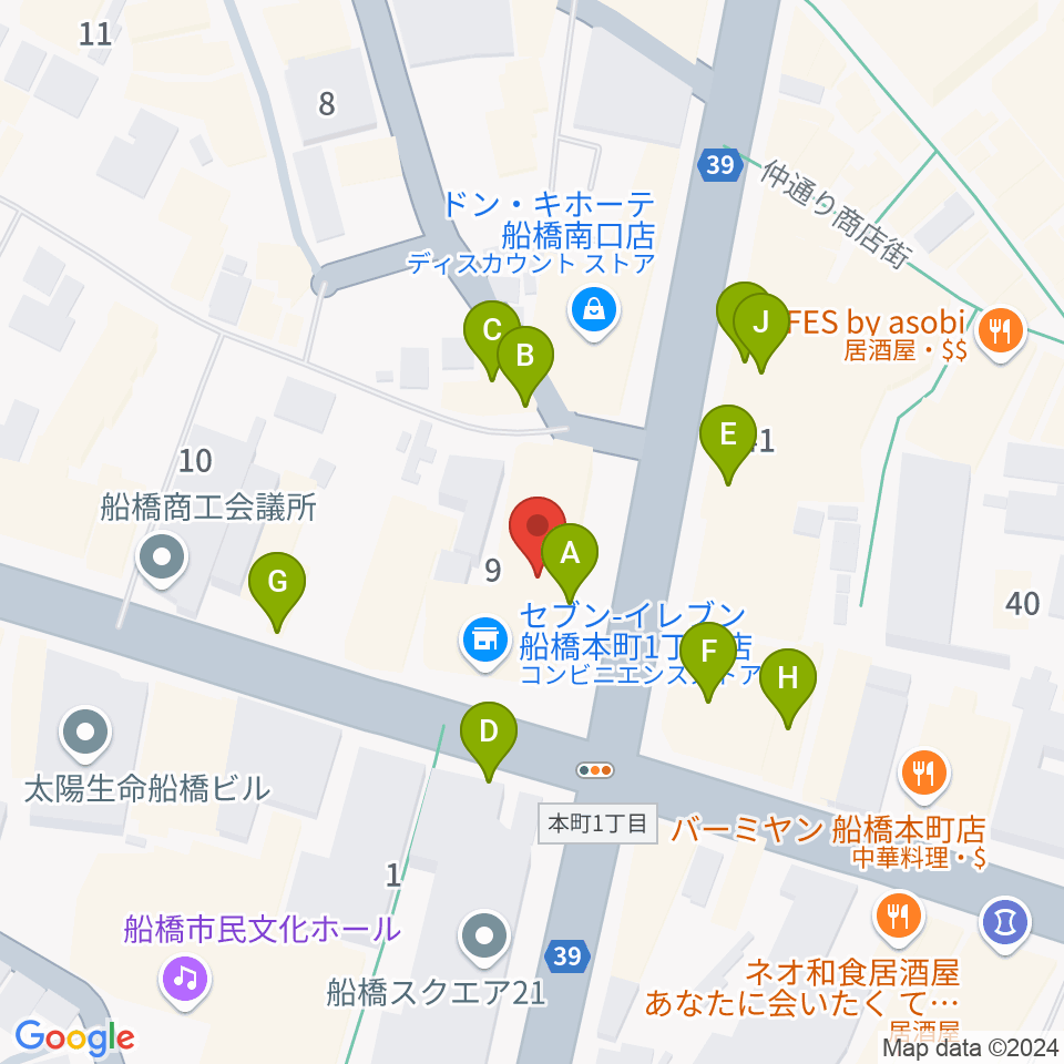 伊藤楽器 船橋本店周辺のファミレス・ファーストフード一覧地図