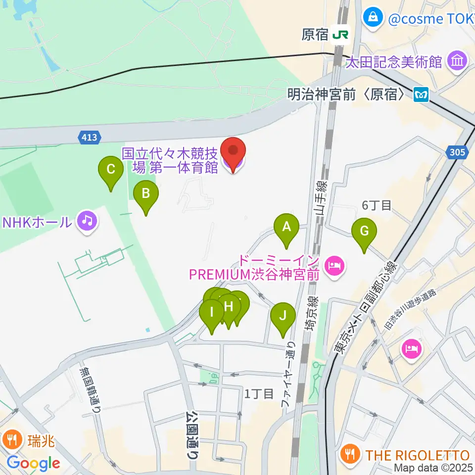 代々木第一体育館周辺のファミレス・ファーストフード一覧地図