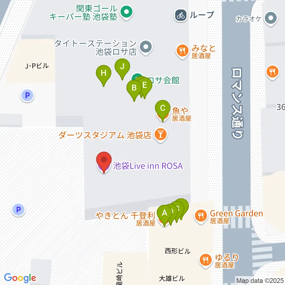 池袋LIVE INN ROSA周辺のファミレス・ファーストフード一覧地図