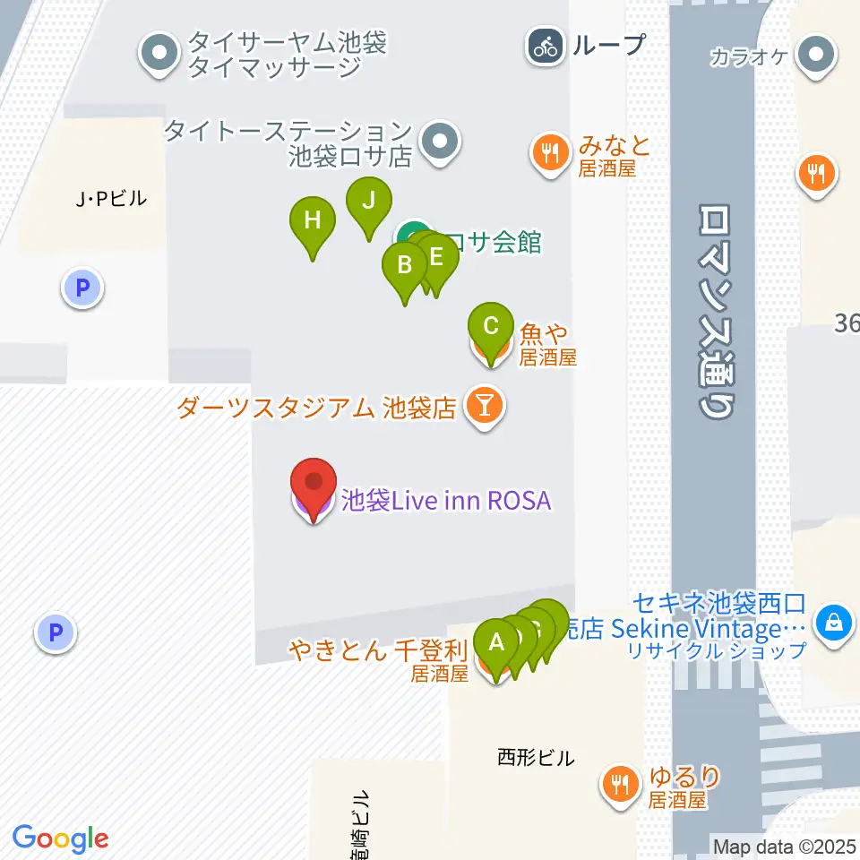 池袋LIVE INN ROSA周辺のファミレス・ファーストフード一覧地図