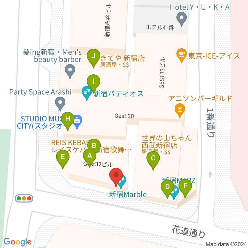 新宿マーブル周辺のファミレス・ファーストフード一覧地図