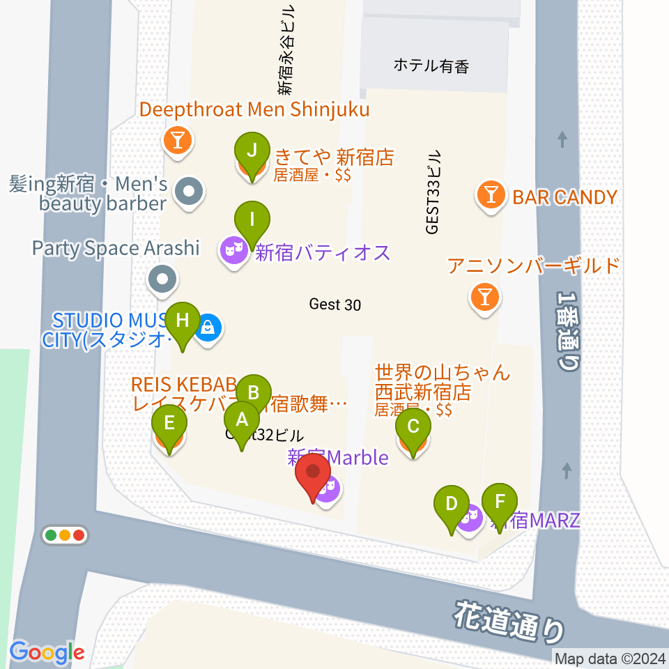 新宿マーブル周辺のファミレス・ファーストフード一覧地図