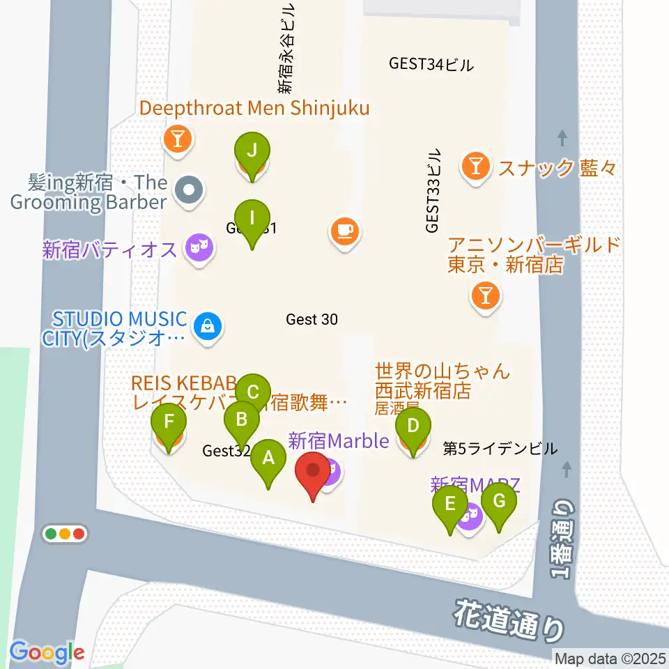 新宿マーブル周辺のファミレス・ファーストフード一覧地図