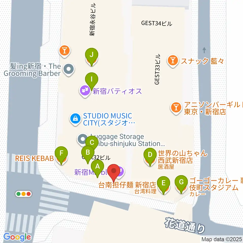新宿マーブル周辺のファミレス・ファーストフード一覧地図