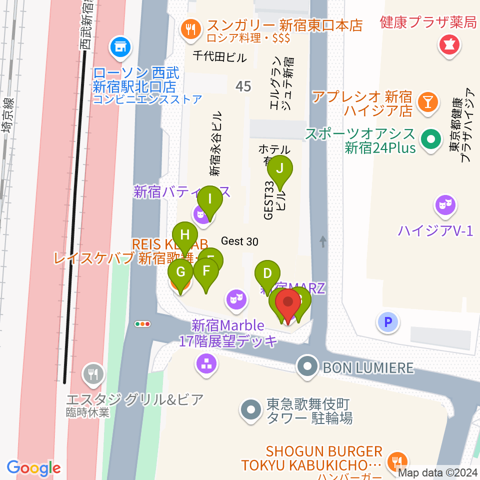 新宿MARZ周辺のファミレス・ファーストフード一覧地図