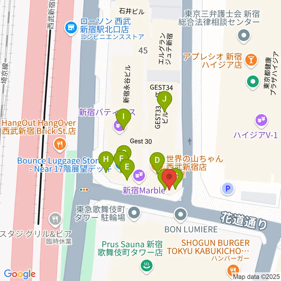 新宿MARZ周辺のファミレス・ファーストフード一覧地図