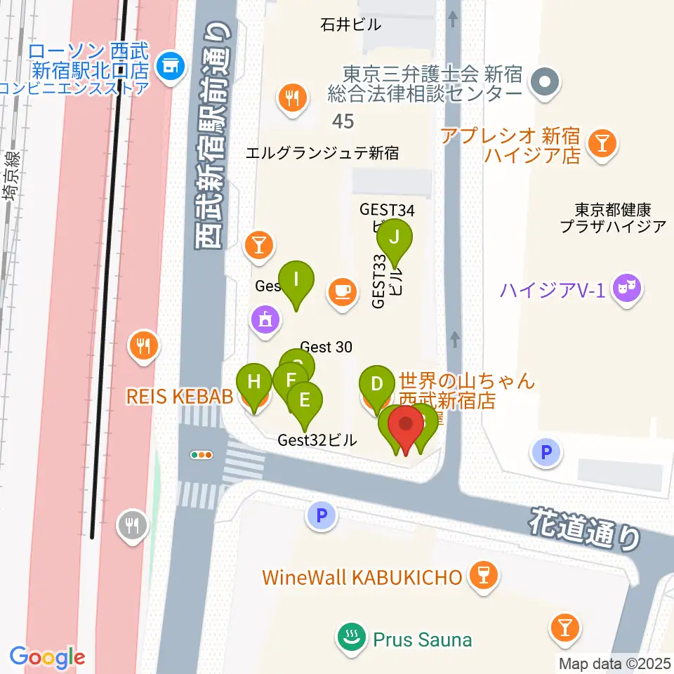 新宿MARZ周辺のファミレス・ファーストフード一覧地図
