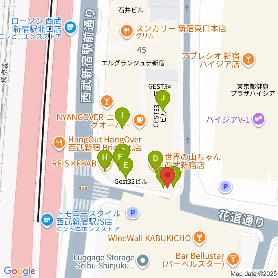新宿MARZ周辺のファミレス・ファーストフード一覧地図