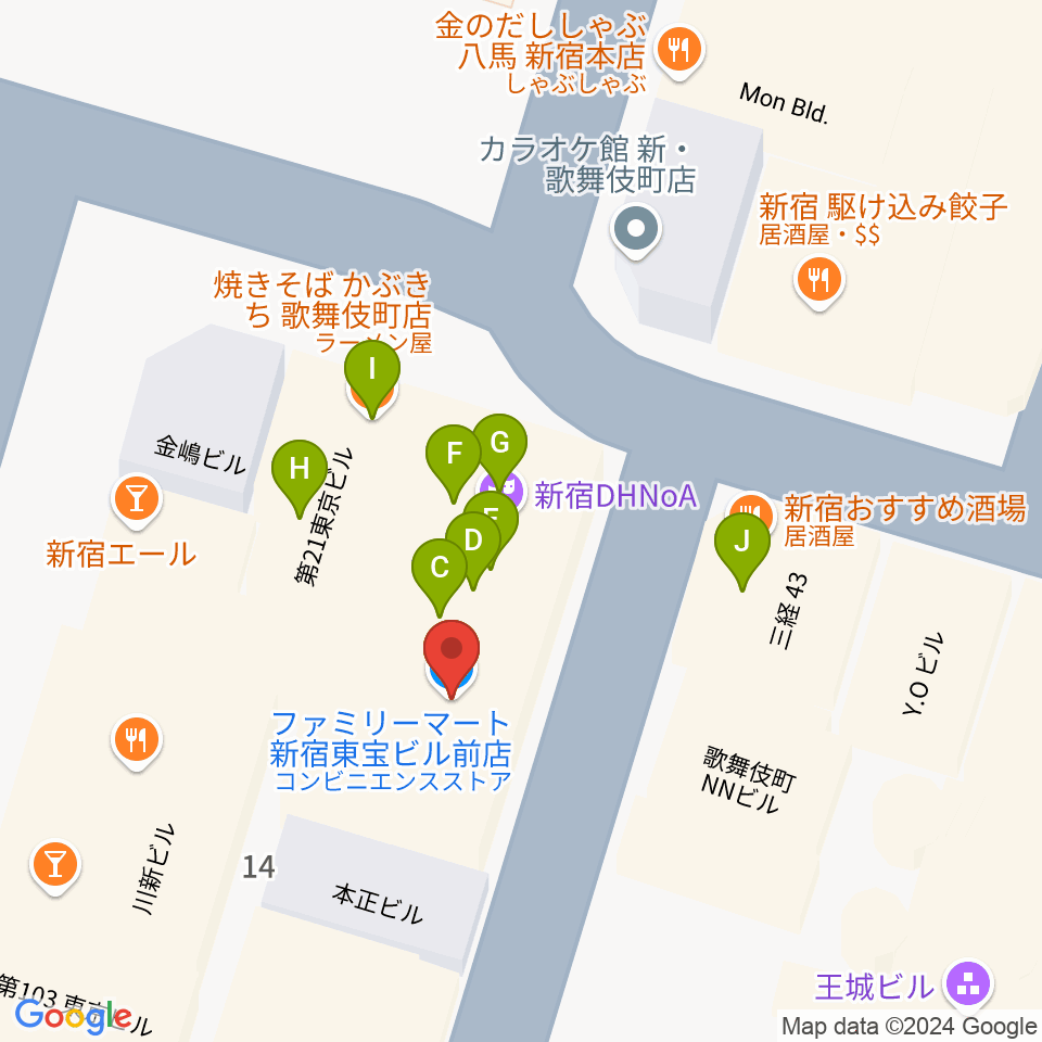 新宿ロフトプラスワン周辺のファミレス・ファーストフード一覧地図