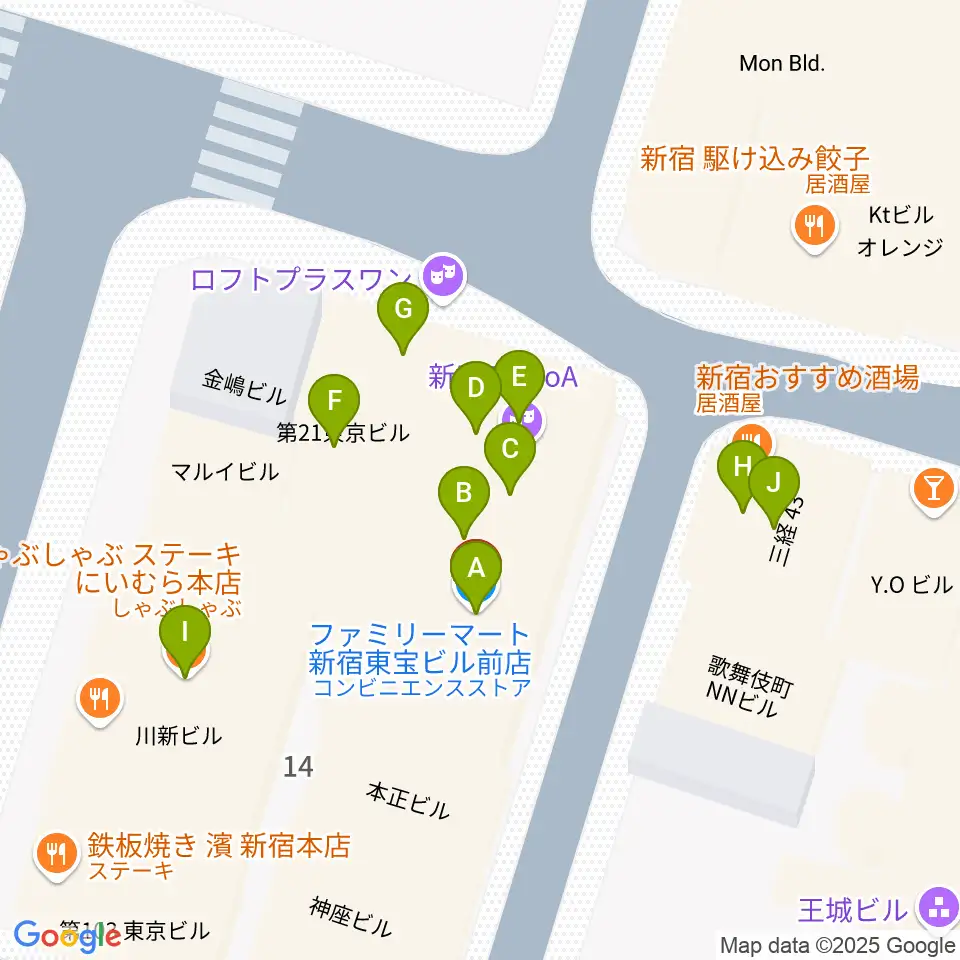 新宿ロフトプラスワン周辺のファミレス・ファーストフード一覧地図