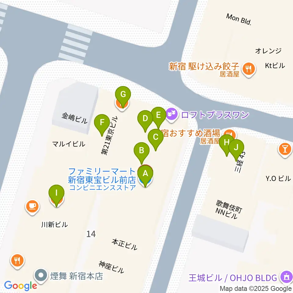 新宿ロフトプラスワン周辺のファミレス・ファーストフード一覧地図
