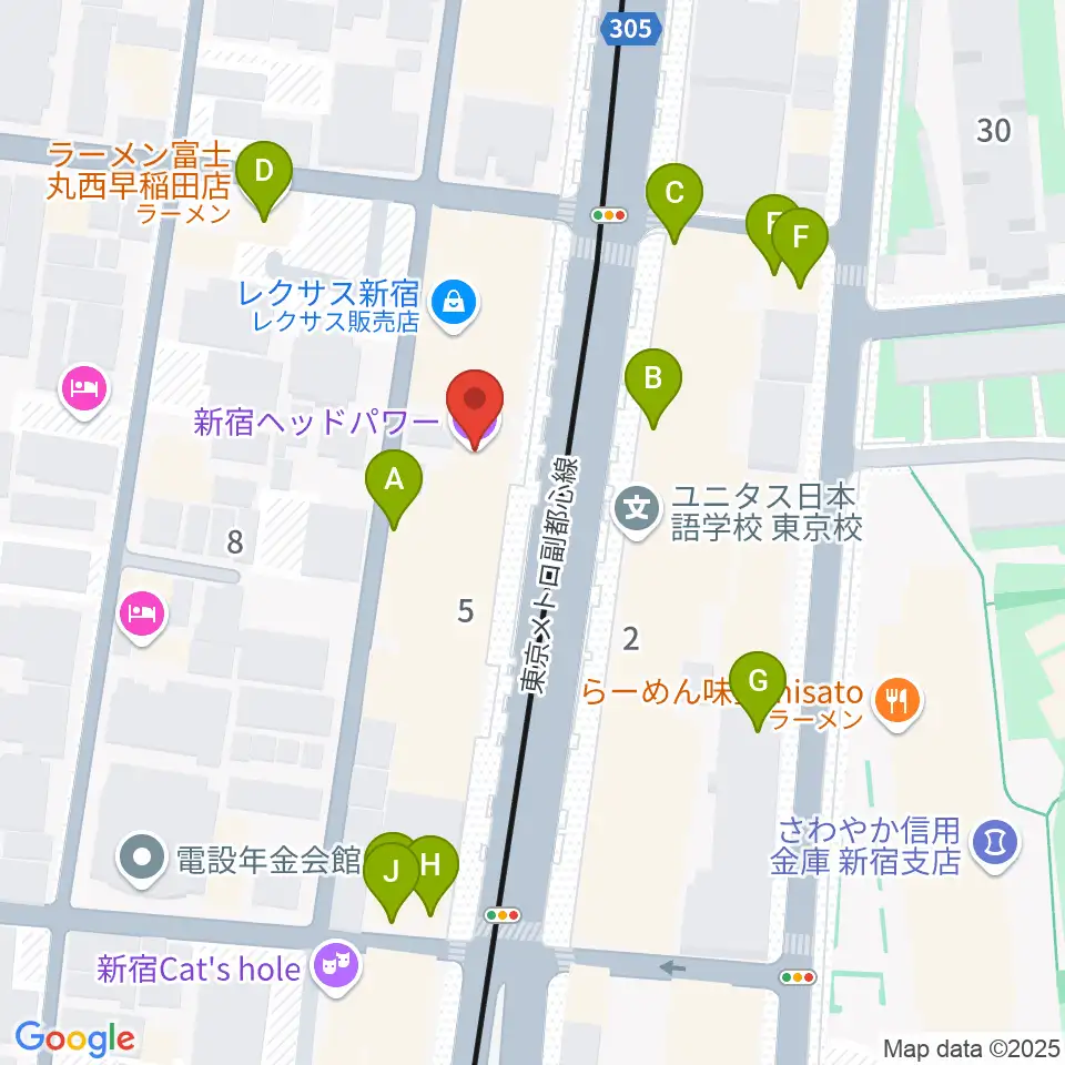 新宿ヘッドパワー周辺のファミレス・ファーストフード一覧地図