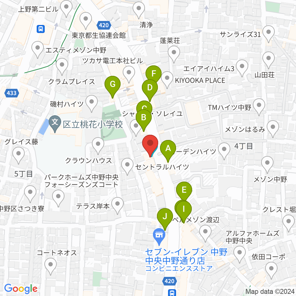 中野MOON STEP周辺のファミレス・ファーストフード一覧地図