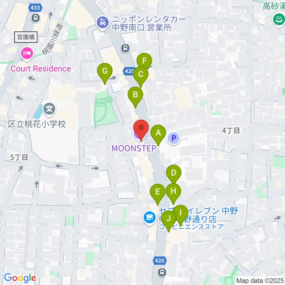 中野MOON STEP周辺のファミレス・ファーストフード一覧地図