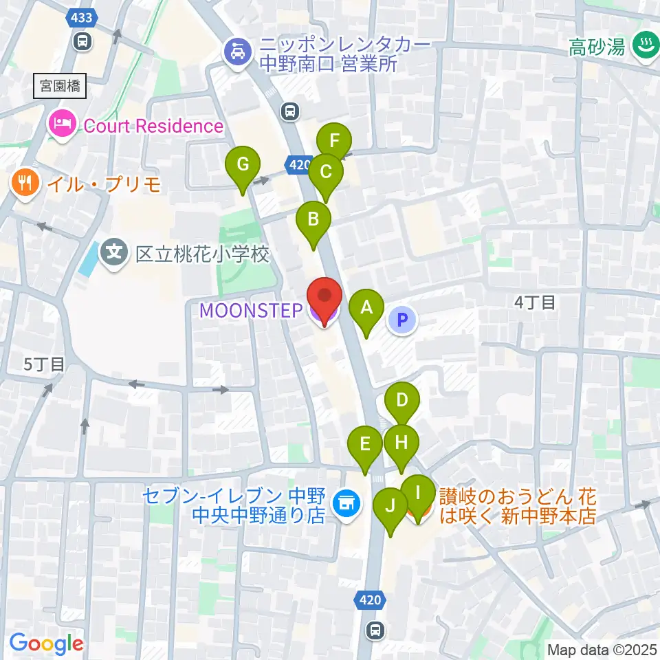 中野MOON STEP周辺のファミレス・ファーストフード一覧地図