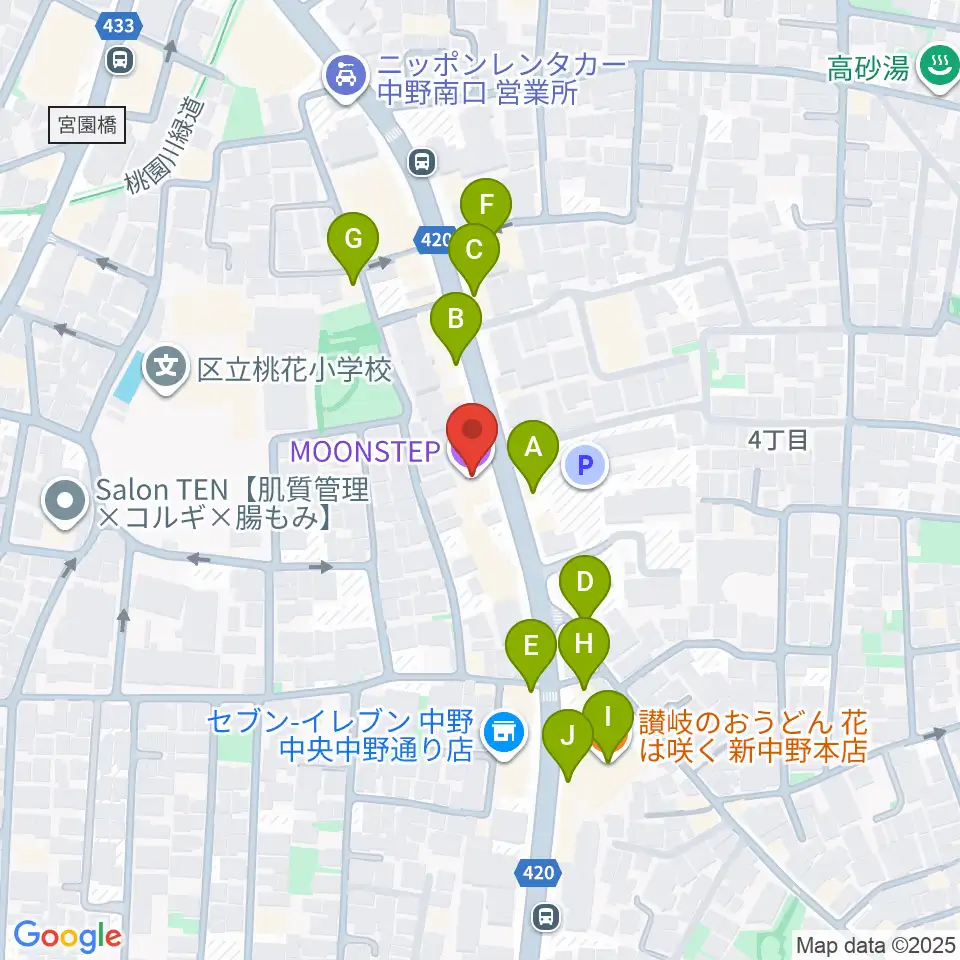 中野MOON STEP周辺のファミレス・ファーストフード一覧地図