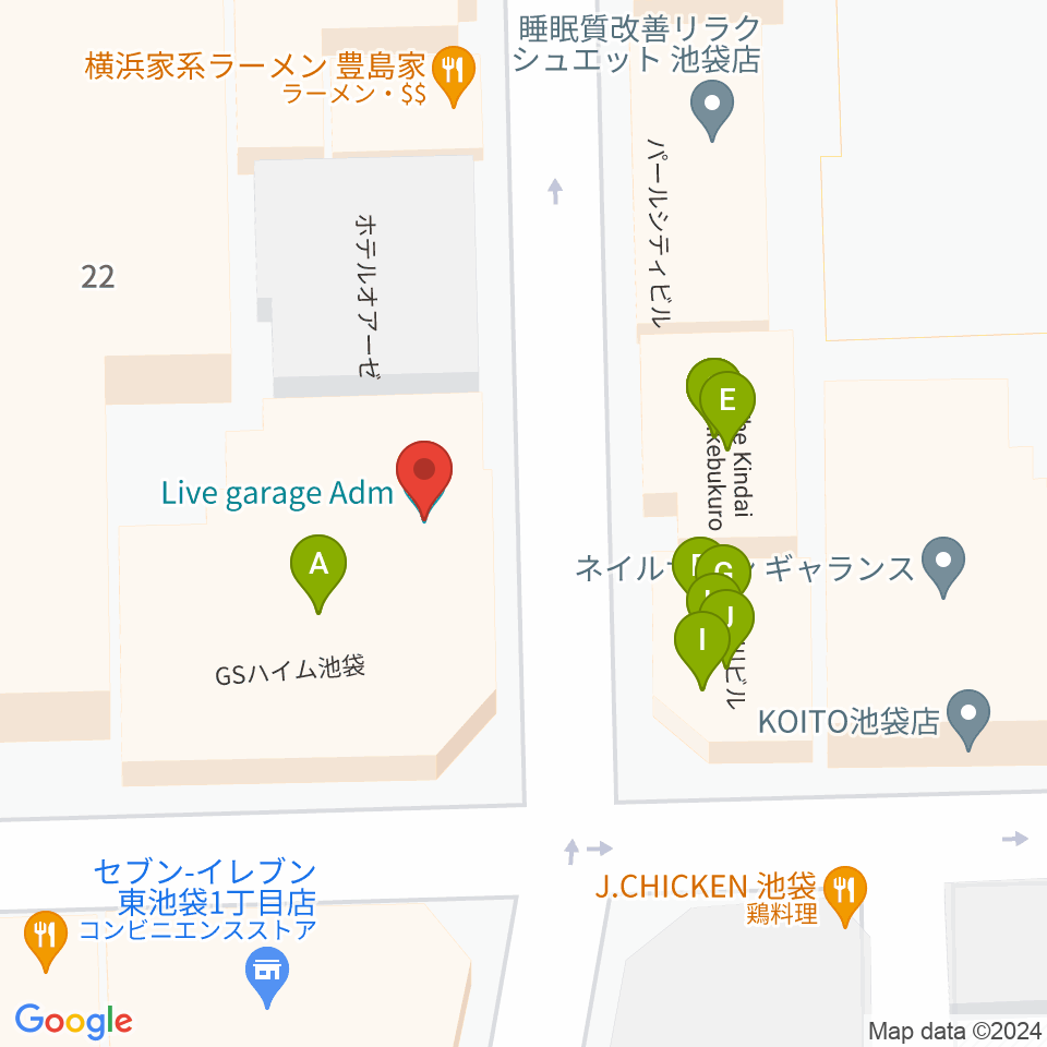 池袋Adm周辺のファミレス・ファーストフード一覧地図