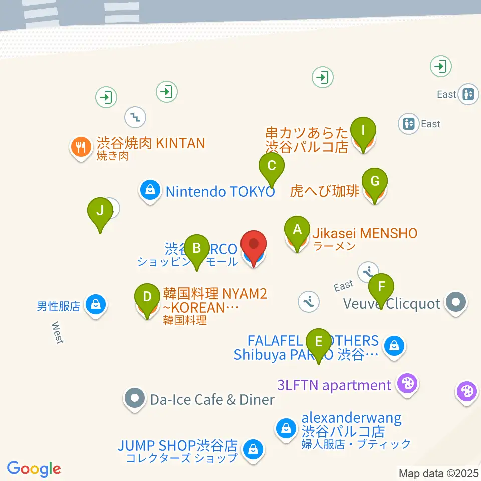 渋谷パルコ劇場周辺のファミレス・ファーストフード一覧地図