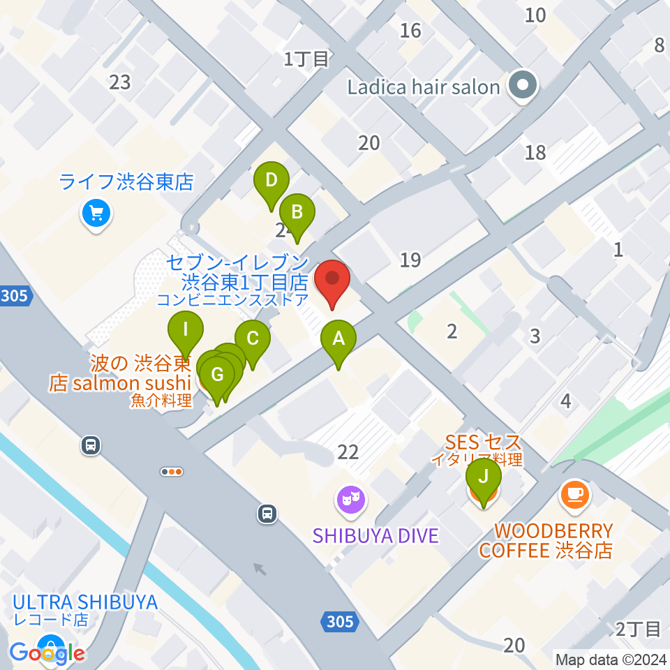 渋谷クラブクロール周辺のファミレス・ファーストフード一覧地図