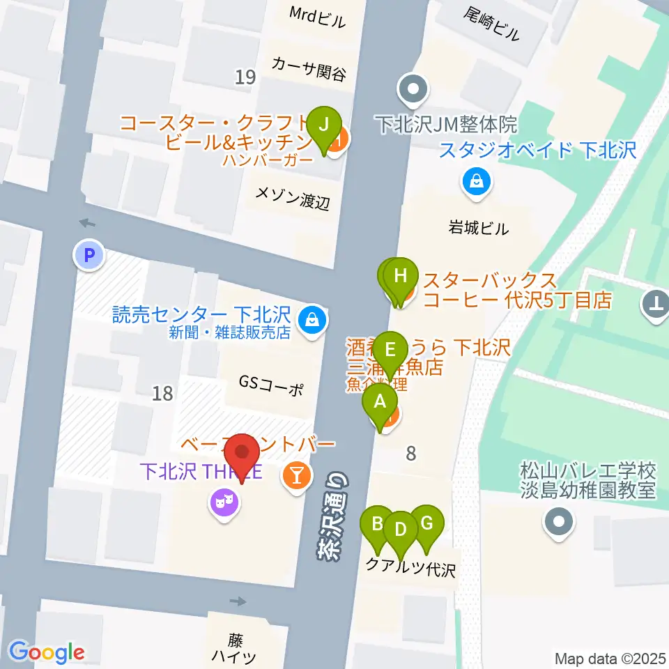 下北沢THREE周辺のファミレス・ファーストフード一覧地図