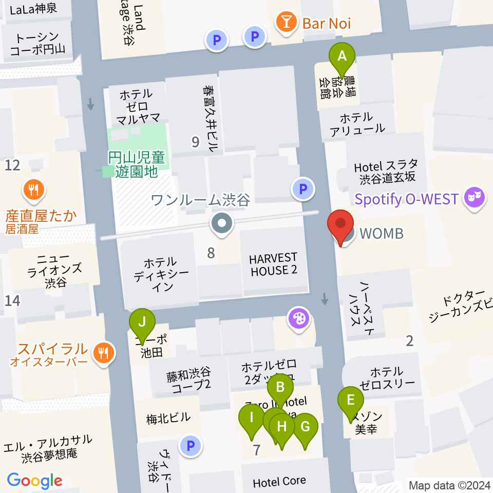 渋谷WOMB周辺のファミレス・ファーストフード一覧地図