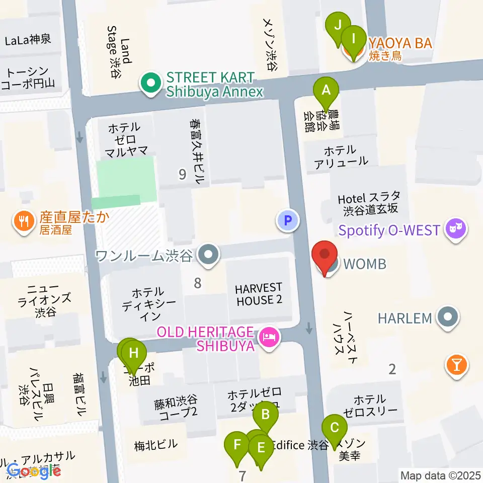 渋谷WOMB周辺のファミレス・ファーストフード一覧地図