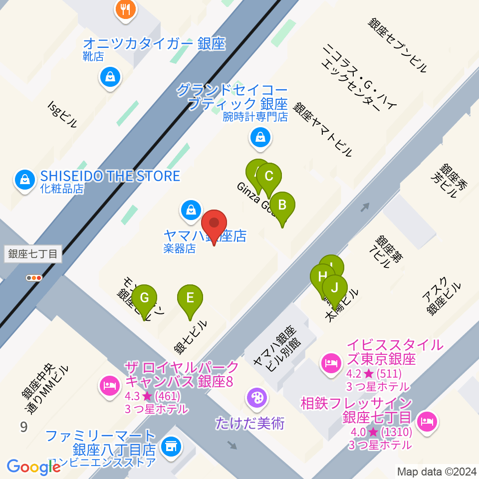 銀座ヤマハホール周辺のファミレス・ファーストフード一覧地図