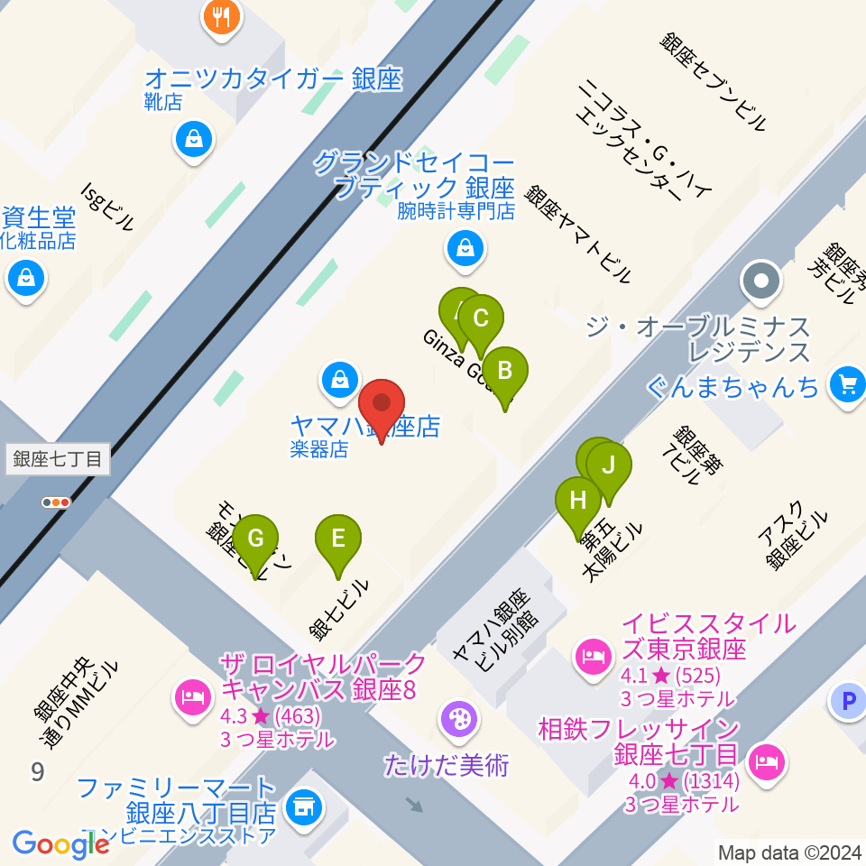 銀座ヤマハホール周辺のファミレス・ファーストフード一覧地図