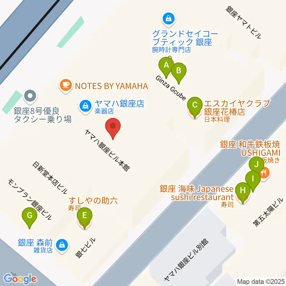 銀座ヤマハホール周辺のファミレス・ファーストフード一覧地図