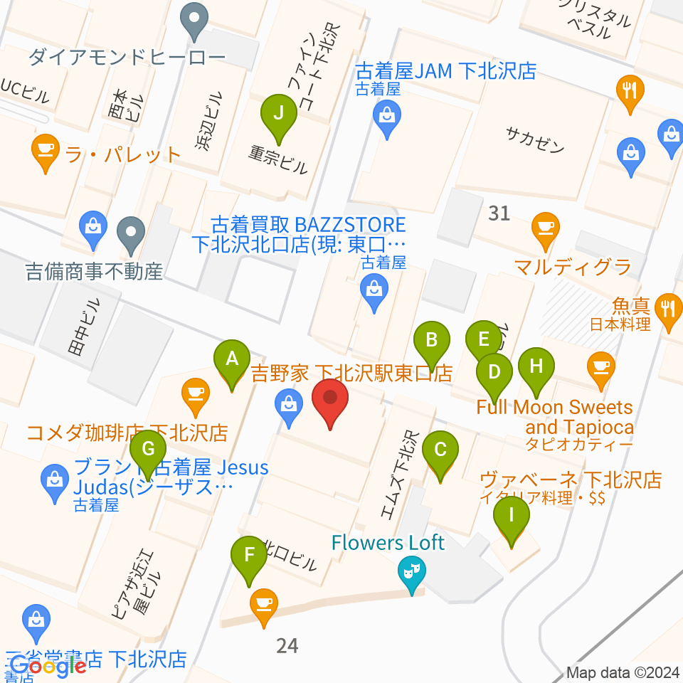 下北沢アレイホール周辺のファミレス・ファーストフード一覧地図