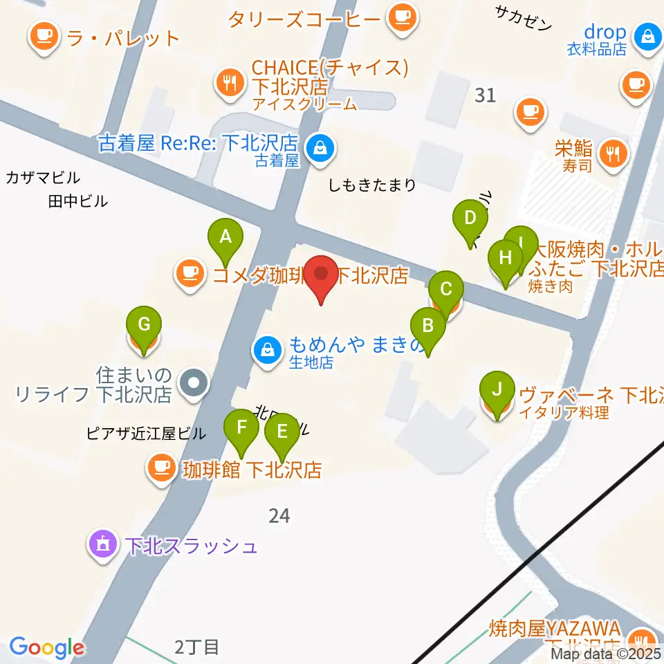 下北沢アレイホール周辺のファミレス・ファーストフード一覧地図