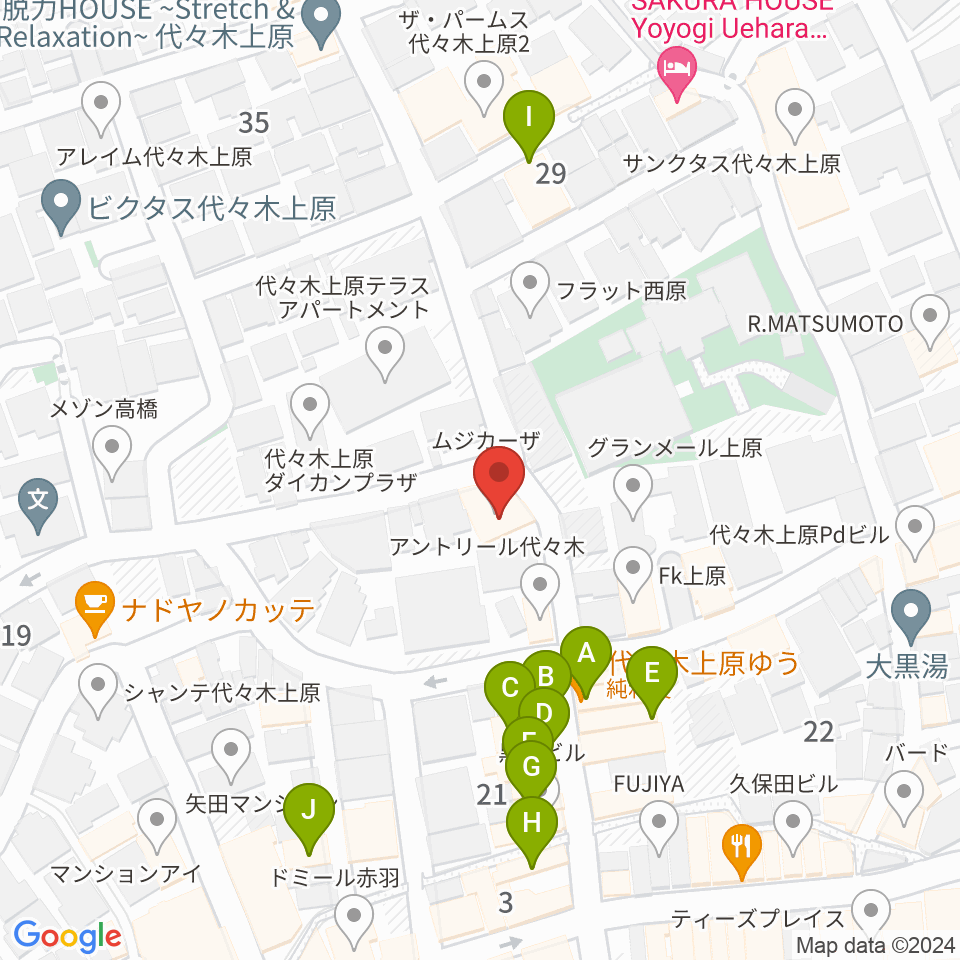 ムジカーザ周辺のファミレス・ファーストフード一覧地図