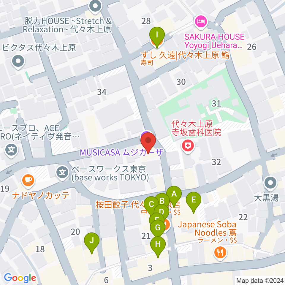 ムジカーザ周辺のファミレス・ファーストフード一覧地図