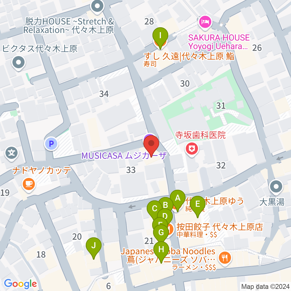 ムジカーザ周辺のファミレス・ファーストフード一覧地図