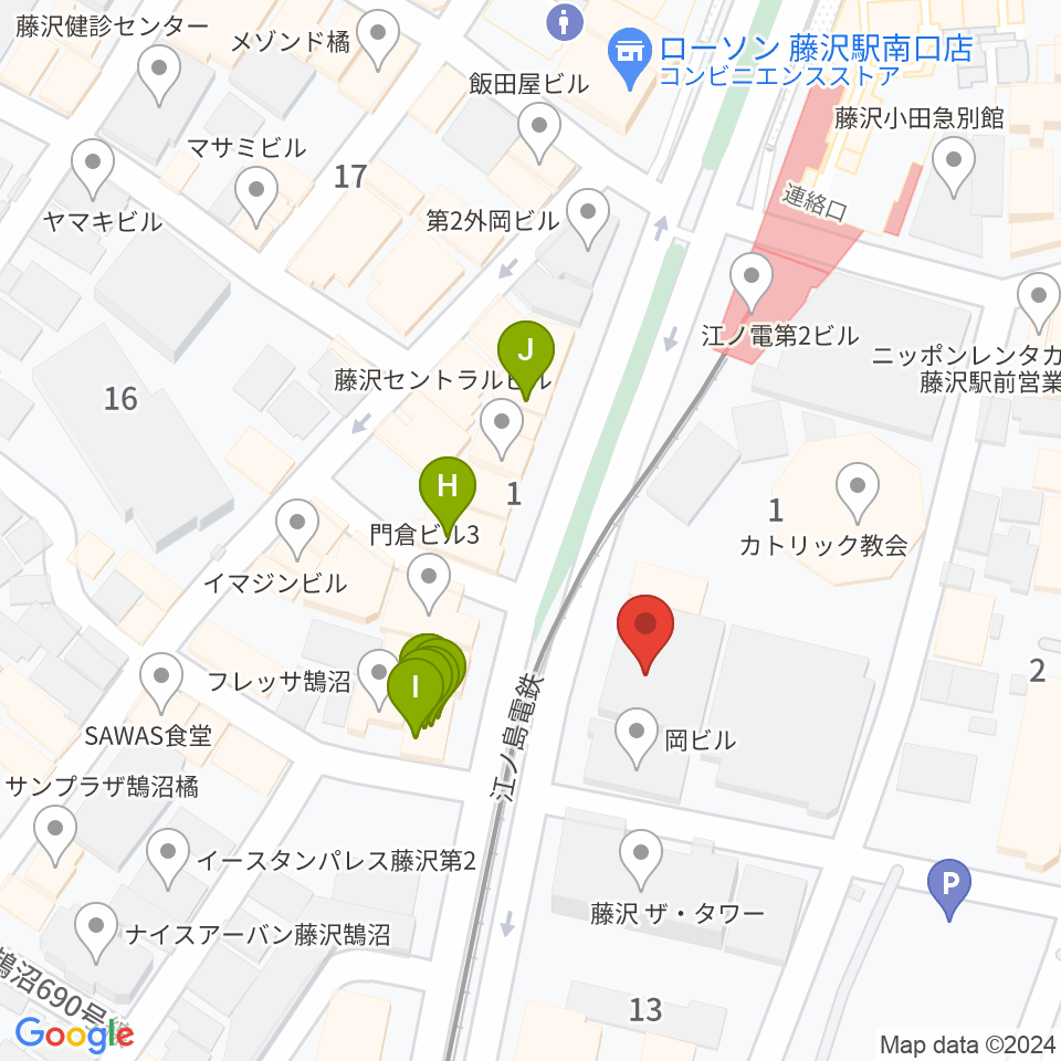 藤沢リラホール周辺のファミレス・ファーストフード一覧地図