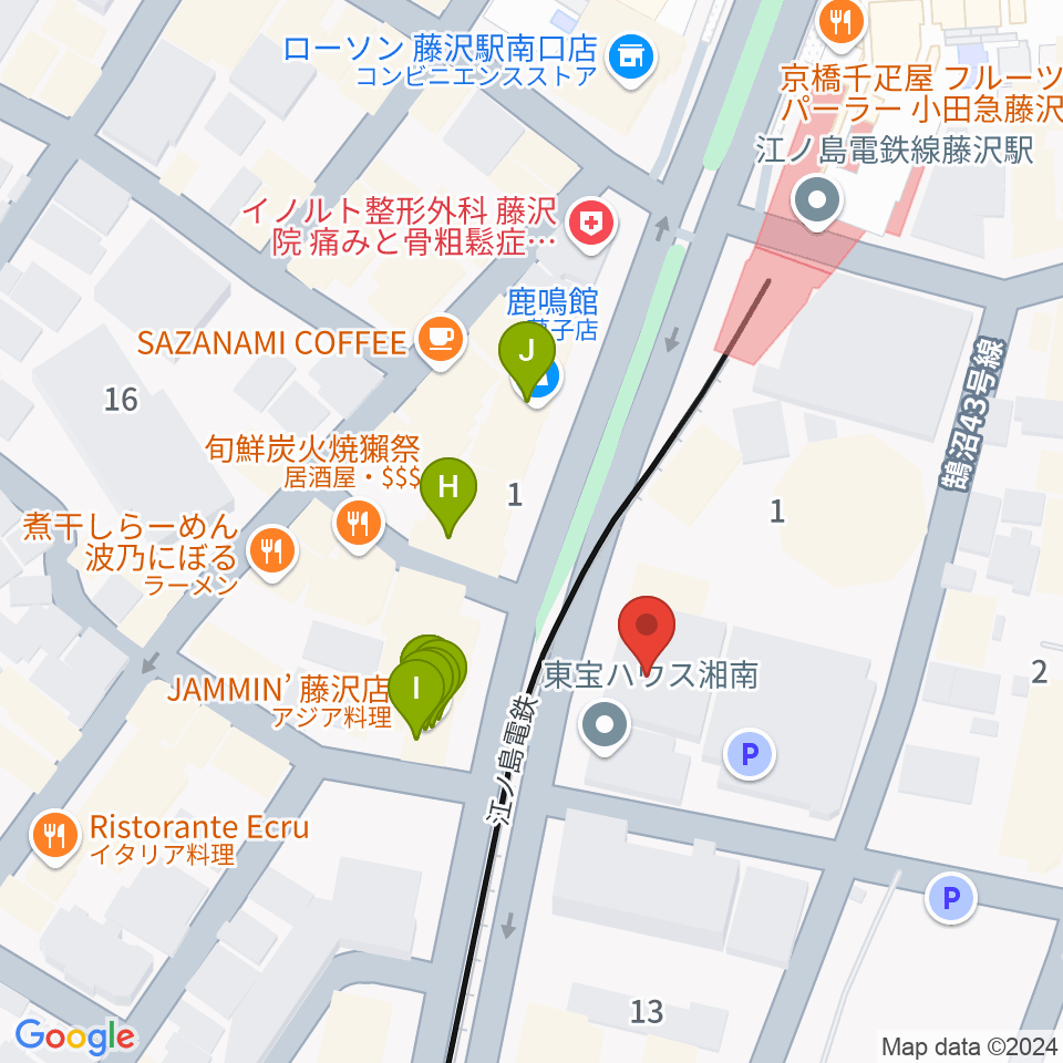 藤沢リラホール周辺のファミレス・ファーストフード一覧地図