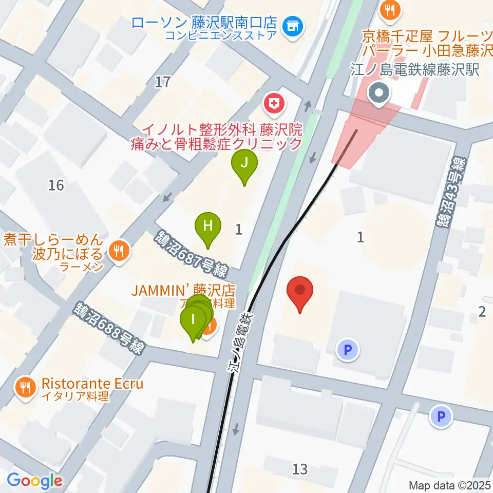 藤沢リラホール周辺のファミレス・ファーストフード一覧地図