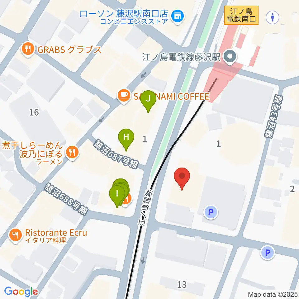 藤沢リラホール周辺のファミレス・ファーストフード一覧地図