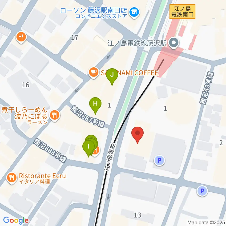 藤沢リラホール周辺のファミレス・ファーストフード一覧地図