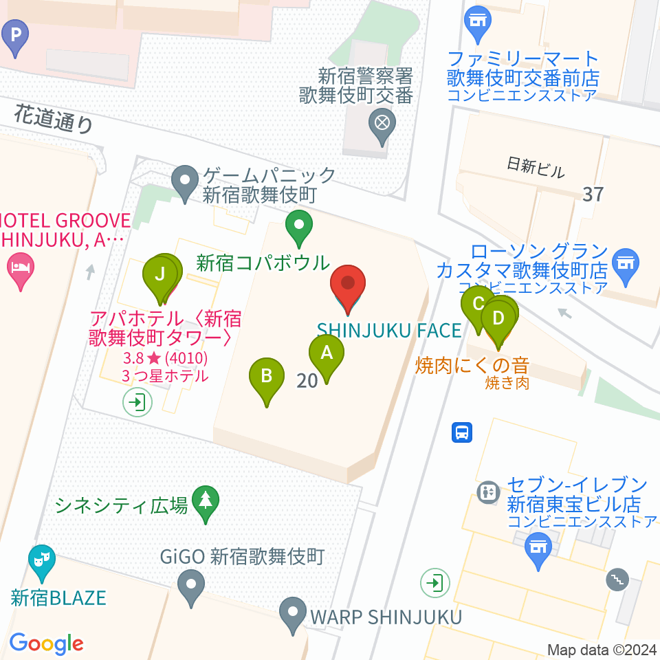 新宿FACE周辺のファミレス・ファーストフード一覧地図