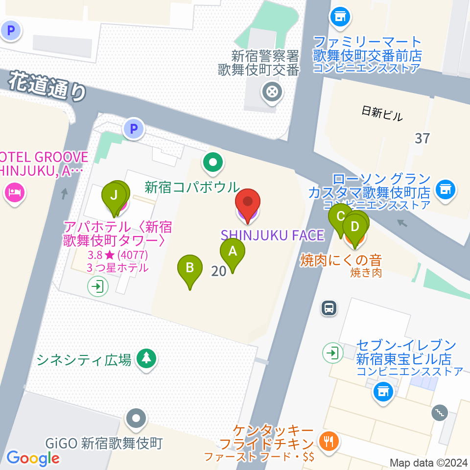 新宿FACE周辺のファミレス・ファーストフード一覧地図