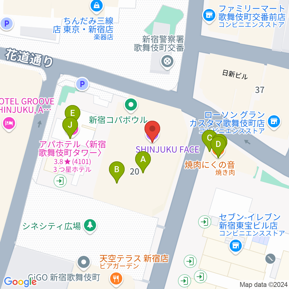 新宿FACE周辺のファミレス・ファーストフード一覧地図