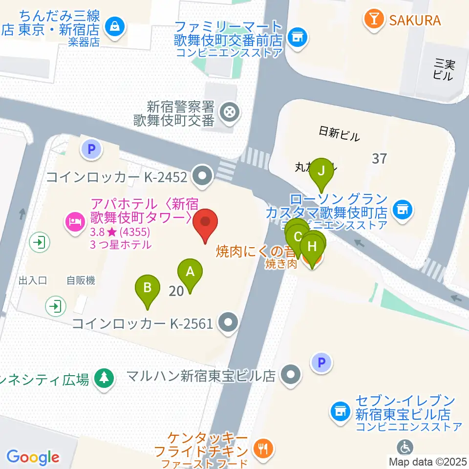 新宿FACE周辺のファミレス・ファーストフード一覧地図