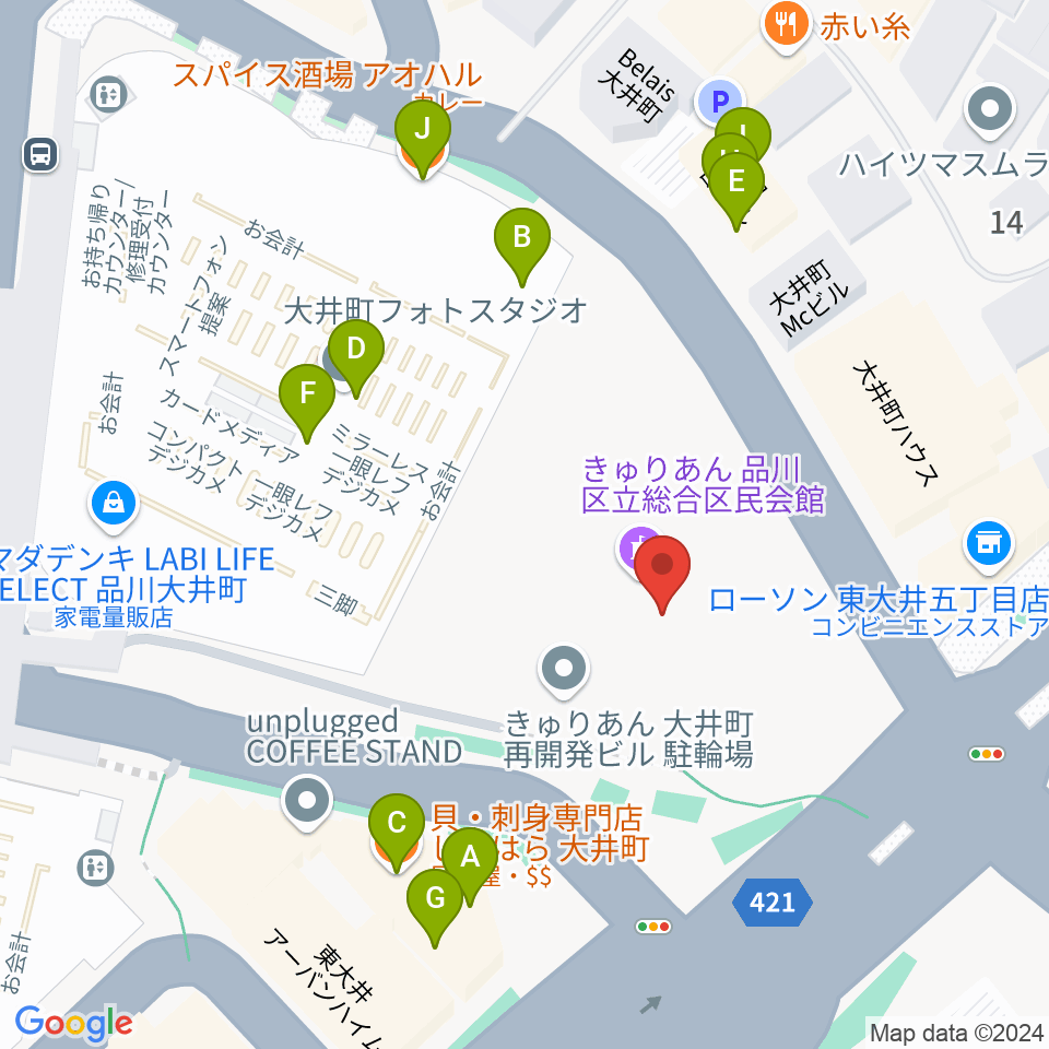 きゅりあん 品川区立総合区民会館周辺のファミレス・ファーストフード一覧地図