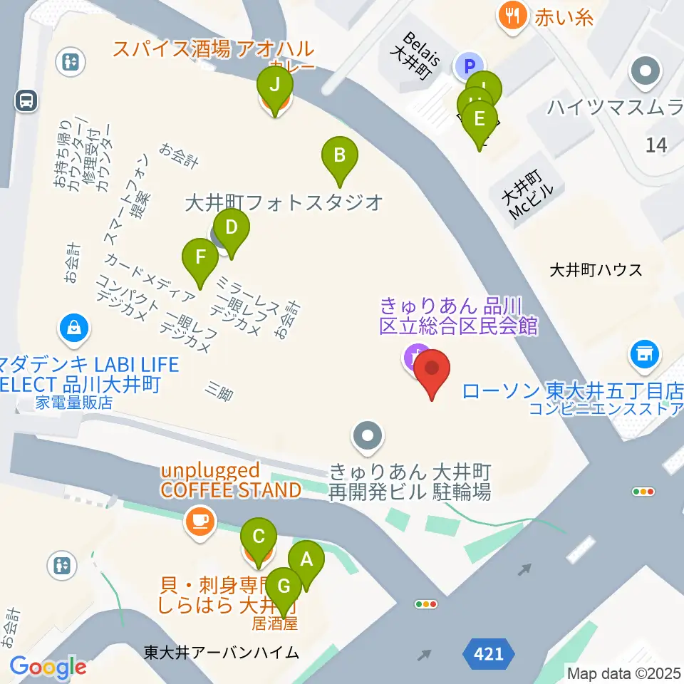 きゅりあん 品川区立総合区民会館周辺のファミレス・ファーストフード一覧地図